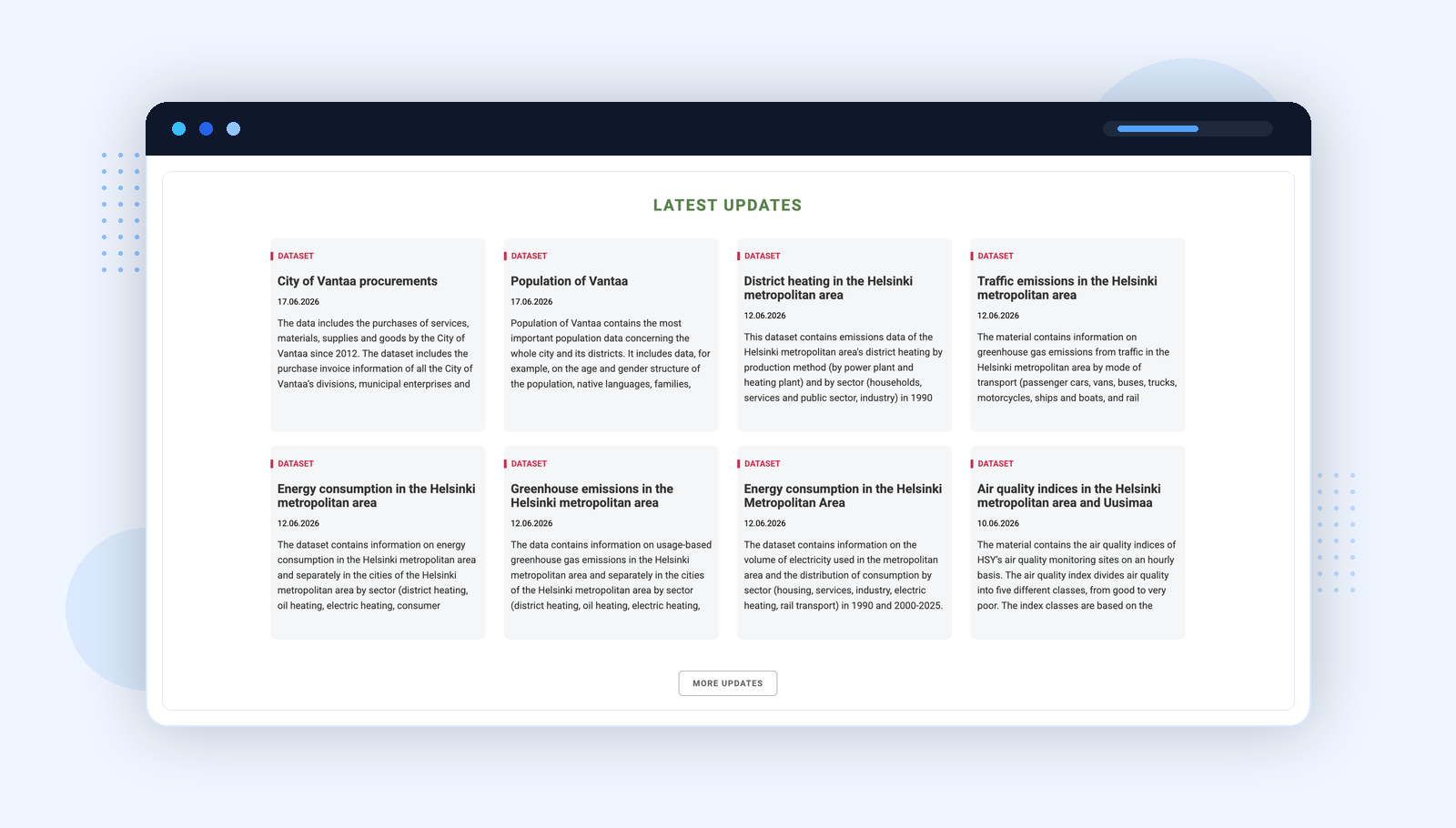 Helsinki Region Infoshare โ latest dataset updates from participating municipalities, including City of Vantaa procurements and district heating data