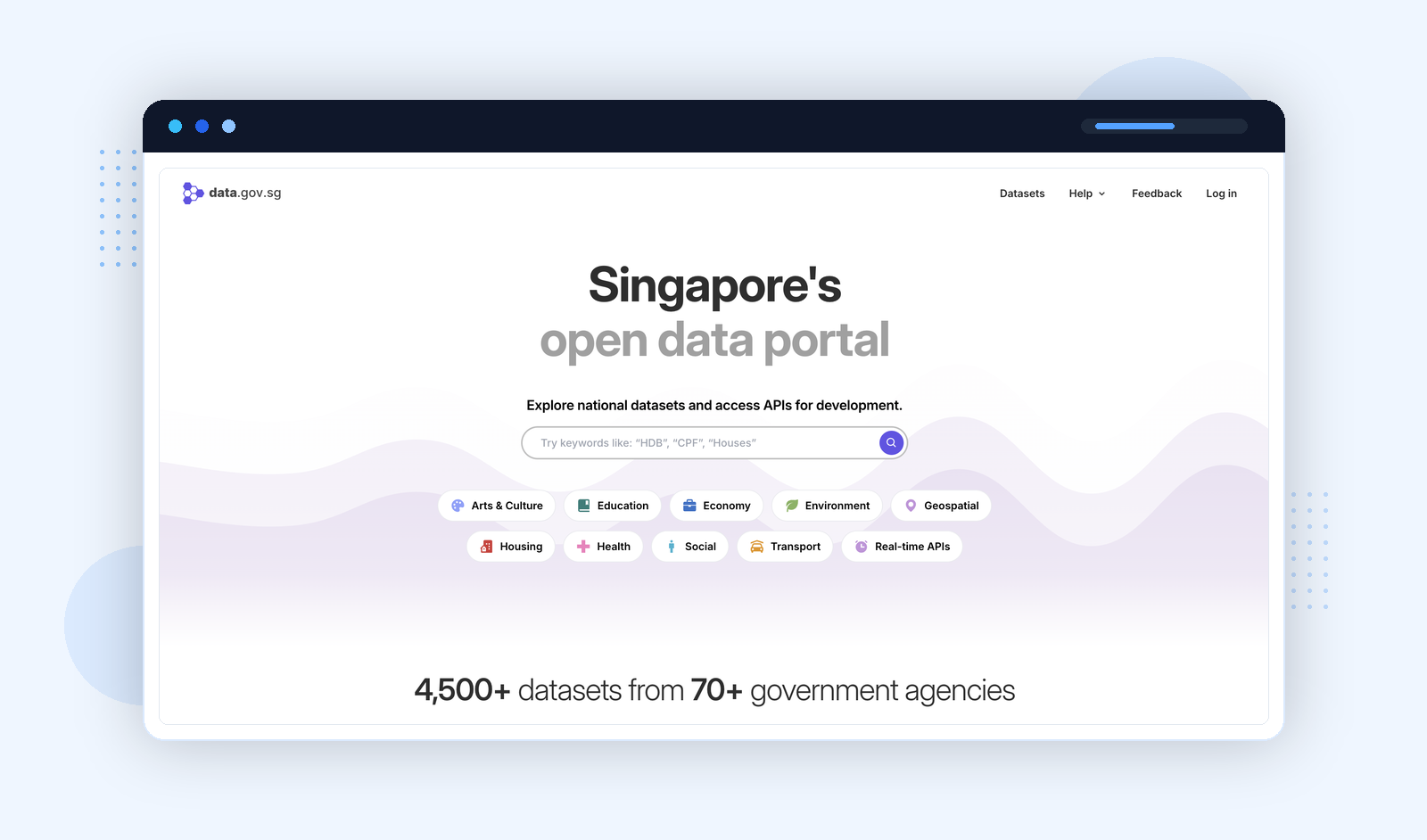 data.gov.sg homepage โ Singapore's open data portal with 4,500+ datasets from 70+ government agencies and category browsing