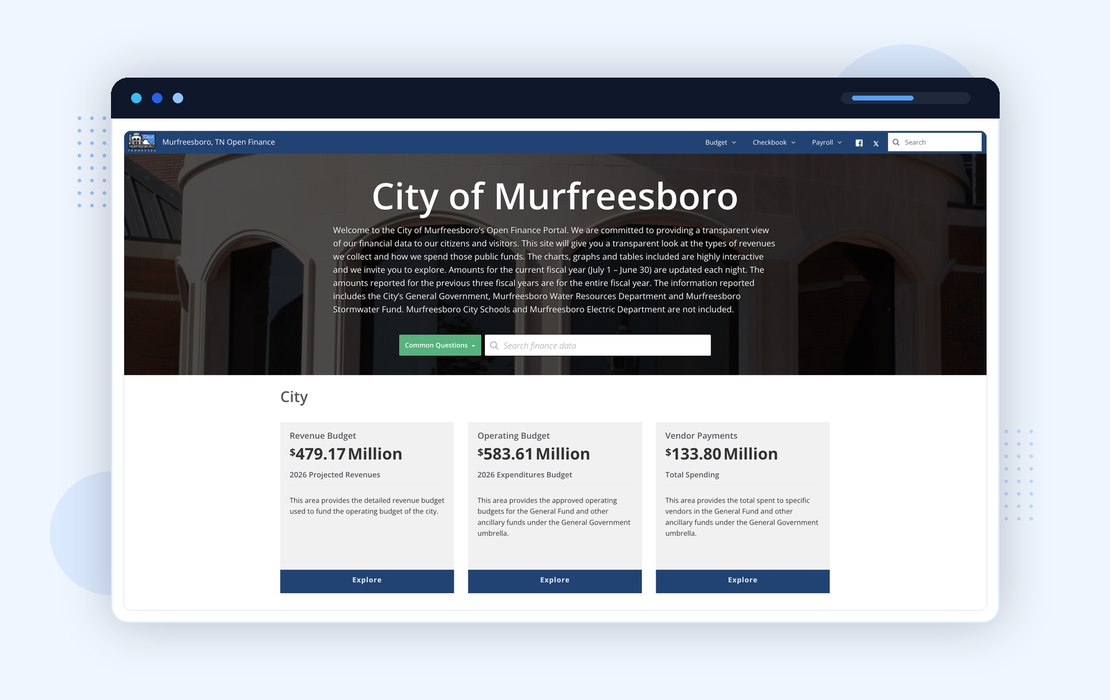 Murfreesboro, TN Open Finance Portal โ budget, checkbook, and payroll in three separate navigation surfaces
