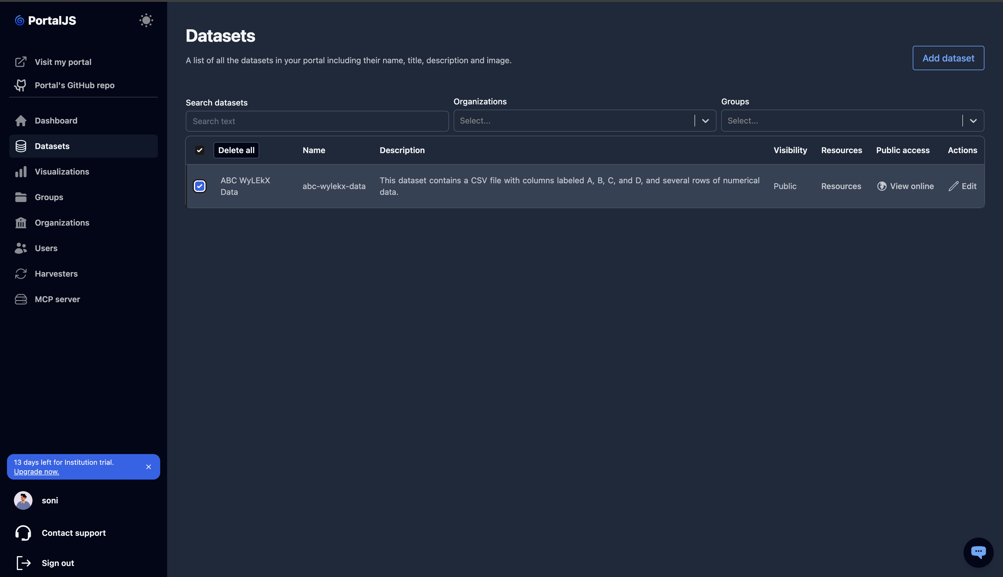 placeholder: select datasets for deletion
