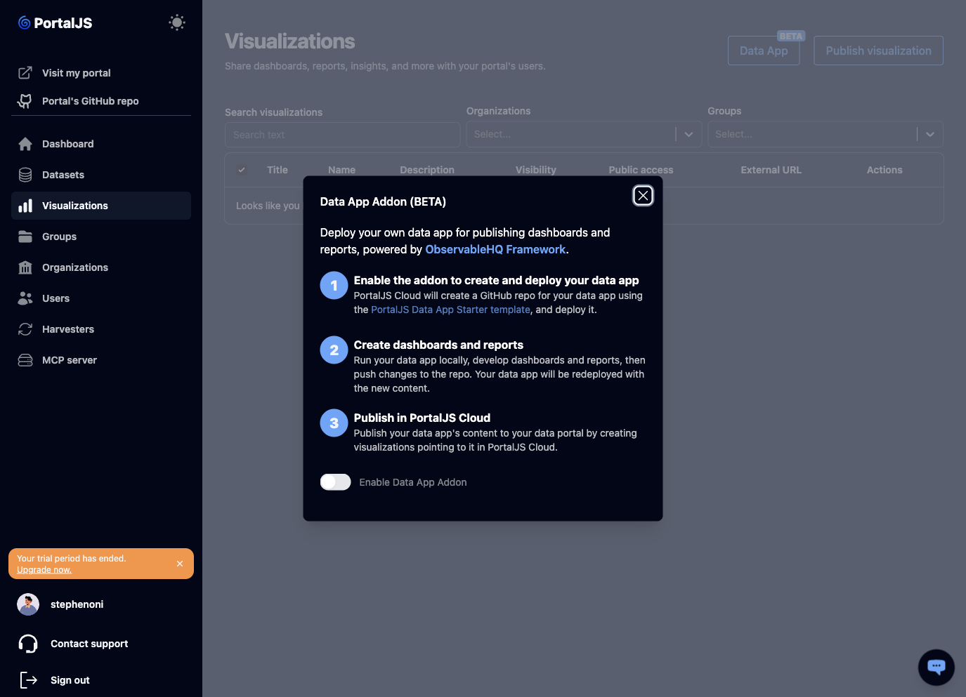 placeholder: Data App addon modal